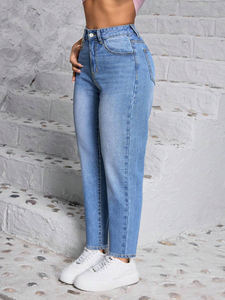 Livraison Gratuite aux États-Unis – <span class=keywords><strong>Jean</strong></span> Boyfriend Femme Grande <span class=keywords><strong>Taille</strong></span> Jambe Droite Délavé Blanc pour Maman Fille - Product Image 2