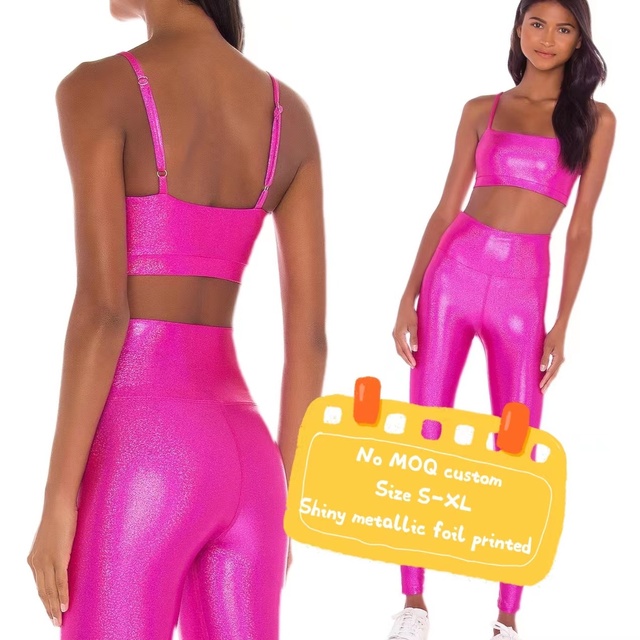 Shiny Pink Metallic Foil Print Women's Fitness Workout Gym Yoga Sports Bra Set High Waist Leggings Quick Dry Seamless Activewear