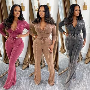 Tenues deux pièces côtelées tendance pour femme, haut court à manches longues <span class=keywords><strong>avec</strong></span> fermeture éclair et pantalon patchwork, vêtements streetwear féminins - Product Image 2