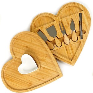 Bamboo Heart Shaped Cheese <b>Board</b> Set With Knife <b>Tools</b> For Serving Snacks And Cheese - Product Image 1