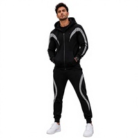 Ensemble de survêtement polaire noir à capuche pour homme, pantalon de jogging long et veste sportive avec cordon de serrage, design color block écologique