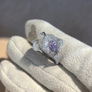 S925 Pure Silver Women's High-End Flower Ring Fairy Purple <b>Horseshoe</b> Lotus with Diamond Inlay Niche Design - Product Image 5