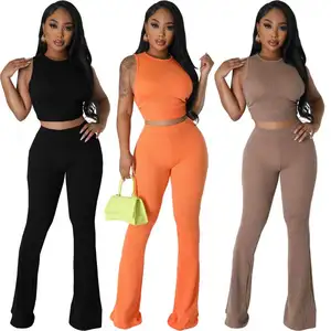 Nieuwe Collectie Flare Broek Dames Sets Wijde Pijpen Broek Pak Casual Mouwloze Crop Top Gebreide Tweedelige Set 2 Delige Set Dames