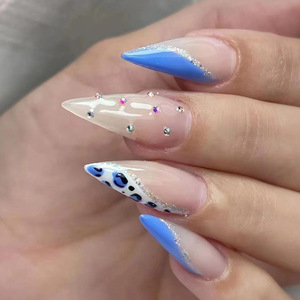 <span class=keywords><strong>Faux</strong></span> <span class=keywords><strong>ongles</strong></span> en forme d'amande, Style INS européen et américain, bleu mer, léopard, presse sur les <span class=keywords><strong>ongles</strong></span>, plein de diamants - Product Image 1