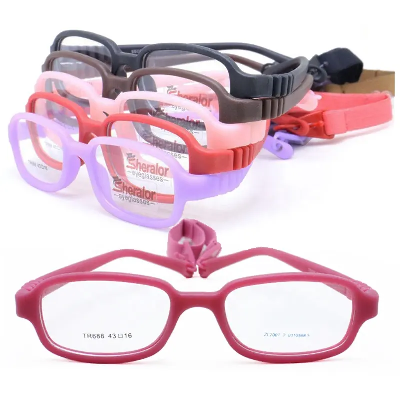 High quality Environmental TR90 optical glasses rectangle frame flexible hingless temple including elastic strap for kids 688