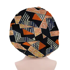 Satin Sleep Cap African Tribal Black/Orange Triangle Pattern Sleep Cap Satin Large Size Adjustable Bonnet Sleeping Night Cap