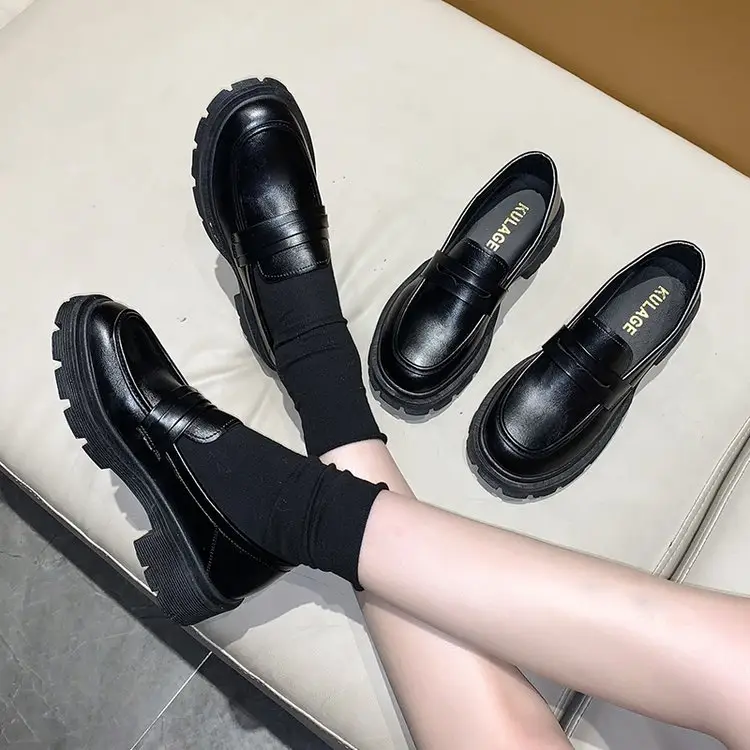 Fashion British Style Round Head Thick Soled Slip-On Loafers Women Anti-Skid Soft Soled Black Small Leather Shoes