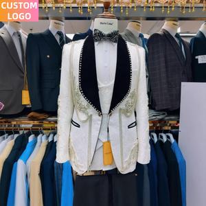 남성 세트 사용자 정의 로고 <span class=keywords><strong>3</strong></span> 조각 옴므 블레이저 손으로 수 놓은 무도회 자수 화이트 정장 럭셔리 남성 결혼식 - Product Image 2