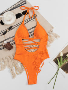 Bikini naranja de una pieza con logotipo personalizado para mujer, venta al por mayor, traje de baño calado de cintura alta, traje de baño con tirantes y cordones sin espalda - Product Image 5
