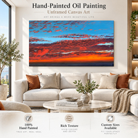 Grande peinture à l'huile abstraite, ciel rouge coucher de soleil, nuages cramoisies, horizon bleu orange, peinture sur toile peinte à la main, art mural