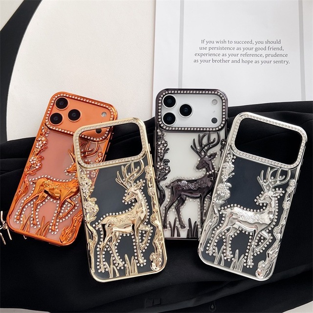 Glitter Three-Dimensional Christmas Elk TPU Mobile Phone Case Phone Grip for 17 Pro/16 Pro Max/Rhinestone Design-Luxury