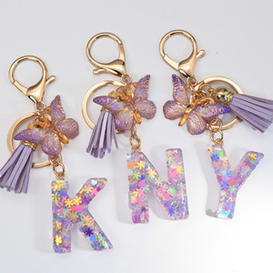 Hot Purple Snowflake Alphabet Resin Epoxy <b>Keychain</b> 26pcs English Tassel Butterfly for Girls UV Printed <b>Anime</b> Hanging Bag Chain - Product Image 2