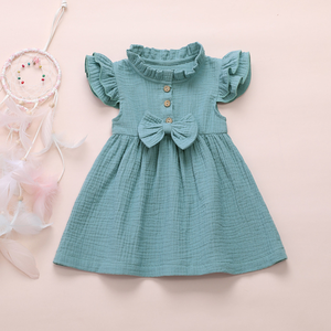 Chaud semi-col roulé robe d'été coton lin crêpe clapet manches cousu nœud robe couleur unie princesse robe pour fille - Product Image 3