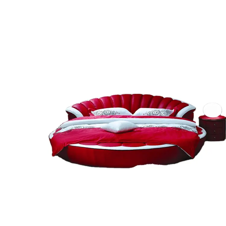 Moderne schlafzimmer weiche luxus rot runde echtem leder sofa hause bett