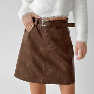 Autumn and Winter Retro High-end <strong>Brown</strong> Synthetic <strong>Leather</strong> High Waisted Straight <strong>Skirt</strong> Temperament Women's Short <strong>Skirt</strong> - Product Image 3