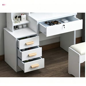 Coiffeuse en bois avec miroir LED, grand rangement et étagères latérales, ensemble table de maquillage avec tabouret pour l'organisation des cosmétiques dans la chambre - Product Image 5