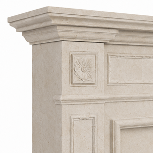 Cheminée traditionnelle en marbre avec sculptures ornées, en pierre calcaire beige, foyer intérieur à bois pour salle à manger - Product Image 4