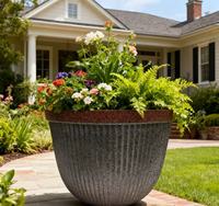 Pot de fleurs rond en PP léger et durable, à nervures verticales, finition mate effet vieilli, avec trou de drainage, pour usage extérieur, intérieur, maison et jardin