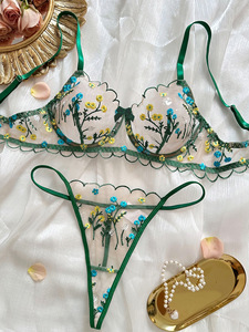 Conjunto de Lencería de Encaje Floral Bordado al por Mayor, Conjunto de Sujetador con Aros y Tanga de Malla Transparente, Conjunto de Ropa Interior Romántica de 2 Piezas - Product Image 4