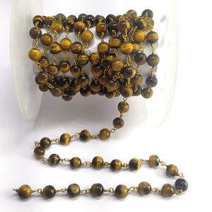 Cadena de Rosario Hecha a Mano con Cuentas Redondas Lisas de Ojo de Tigre Natural Envueltas en Alambre de Latón - Product Image 4