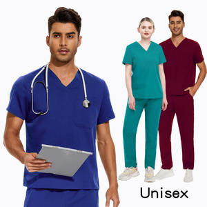 42019 Pantalones rectos de tela elástica de envío rápido uniformes médicos Unisex uniformes médicos masculinos uniformes hombres Scrubs Top cuello en V - Product Image 2