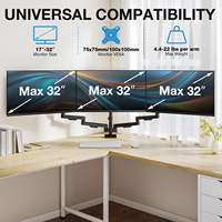 Nouveau bras de bureau à ressort à gaz pour triple moniteur, extension longue de 17-32 pouces (795 mm), fixation par pince/œillet, gestion des câbles courbés à 90 degrés