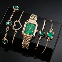 Ensemble de luxe 5 pièces pour femme : Montre à boîtier rectangulaire vert émeraude et bracelet assorti avec pierres précieuses en forme de cœur – Collection de bijoux