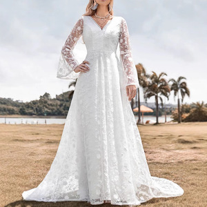Vestido de Novia Blanco de Encaje con Cuello en V, Manga Larga con Volantes, Corte en A y Falda Amplia - Product Image 1