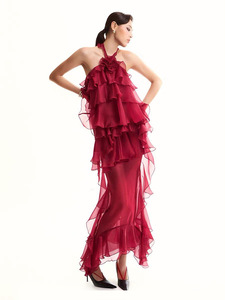 Elegante abito da donna con scollo a V lungo arruffato in Chiffon lavorato a maglia alla moda per le <span class=keywords><strong>vacanze</strong></span> invernali in tinta unita - Product Image 3