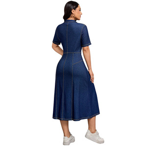 YUANBOFEI Women's Denim Shirt Dress Button Down Jean Midi Dress <strong>Short</strong> Sleeve Dark &amp; Light Wash Casual A-Line Elastic Waist Dress - Product Image 3