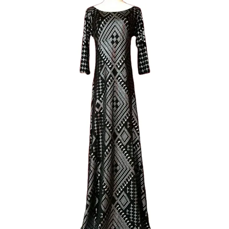 Women Long Sleeve Dress Gilt Printing Longuette Luxury Ball Gown Prom Maxi Cocktail Evening Dresses Pattern Simple Knitting