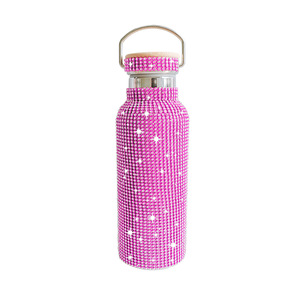 Sparkling Full Rhinestone Insulated <b>Bottle</b> 500ml Portable Stainless <b>Steel</b> Water <b>Bottle</b> With Bamboo Lid & Handle - Product Image 3