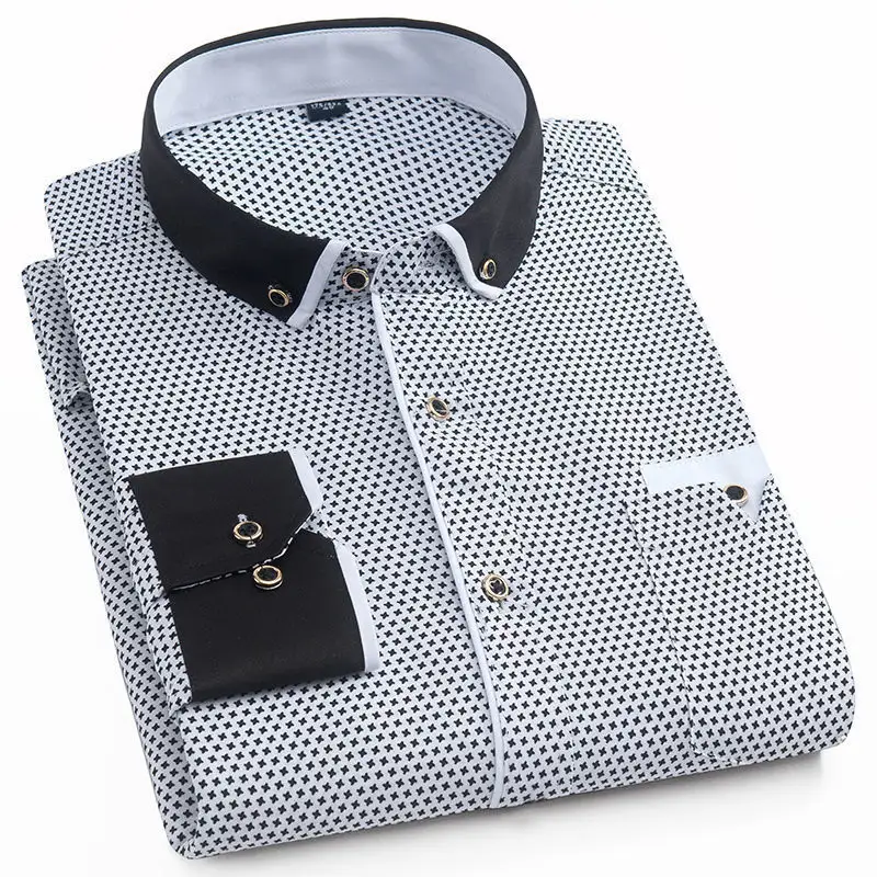 Men's 100% Cotton Contrast Collar And Cuff Stripes Long Sleeved Dress Shirt