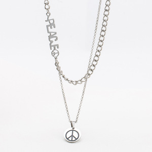 yunnique Layered <b>Titanium</b> Steel Peace Pendant Necklace Double <b>Chain</b> Men's Gift Geometric Design - Product Image 1