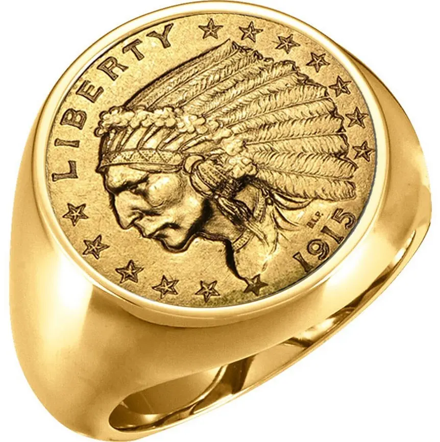 Wholesale engraved coin signet rings custom fashion real yellow gold plated men jewelry vintage ring