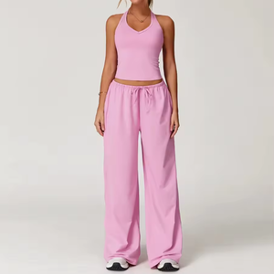 Ensemble de yoga 2 pièces pour femme : haut court dos nu à col rond et pantalon large taille haute élastique, respirant, couleur unie, sans couture - Product Image 4