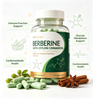 Capsules végétales à marque privée OEM Berberine 1200mg avec cannelle de Ceylan pour le soutien immunitaire et métabolique