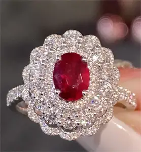 AIGS Certified Luxury Custom 18k White Gold Engagement Band Fine Jewelry Ring Cluster with Vivid Natural Ruby and Halo Diamonds