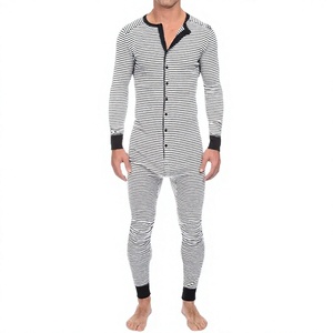 Pyjama en tricot rayé thermique pour homme, taille plus, combinaison à manches longues pour la maison - Product Image 4