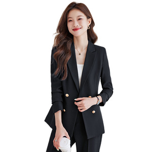 Women's Navy Blue Suit Set Double Breasted Solid Color Anti-Wrinkle Polyester Casual Wear For Office And Interviews - Product Image 5
