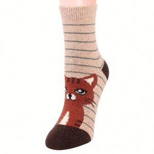 Nouvelles chaussettes en laine épaisses et confortables à rayures horizontales, motif jacquard chat de dessin animé, chaudes pour <span class=keywords><strong>femme</strong></span>, bout rond - Product Image 5