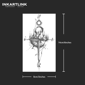 INKARTLINK Pegatina de <span class=keywords><strong>tatuaje</strong></span> de montaña con brújula, mapa de viaje geométrico, sol, <span class=keywords><strong>luna</strong></span>, bosque, motivos herbales, arte corporal, suministros a granel, 15 días - Product Image 4