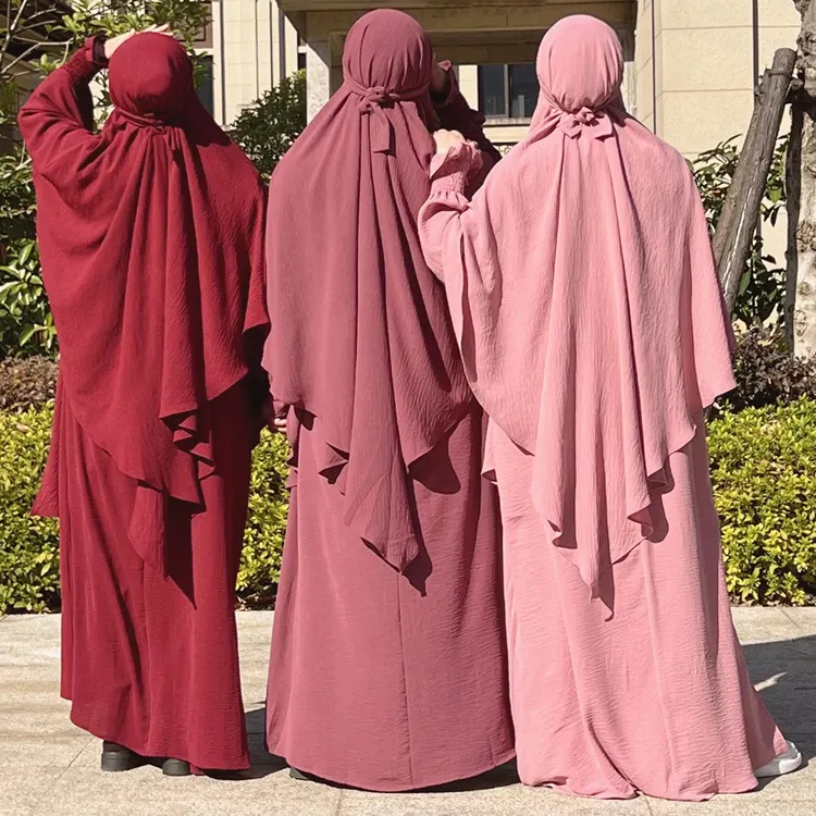 Hot Abaya avec Khimar Ensemble Jilbab 2 Pièces Ramadan Eid Crêpe Jazz Longue Hijab Robe Musulmane Prière Vêtements Femmes Islam Dubai Outfit