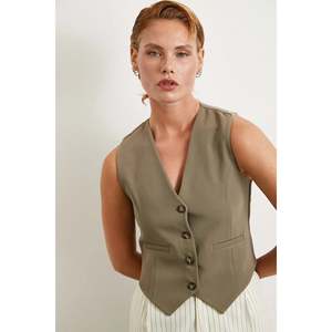 เสื้อกั๊กมีซับในสำหรับผู้หญิง สีกากี ปรับเอวได้ ใส่เป็นเสื้อนอก - Product Image 4