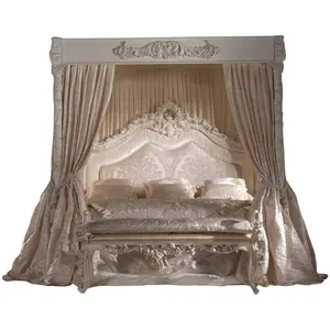 로코코 우아한 흰색 새겨진 나무 침대, 맞춤형 제국 화이트 실크 퀸즈 침실 가구, 이탈리아 브랜드 복제