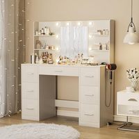 Meja Rias XINLIDA Modern Pintar yang Dapat Disesuaikan, Terbuat dari Kayu Pinus yang Tahan Lama, Dilengkapi Cermin dan Lampu LED, 6 Rak Penyimpanan, untuk Kamar Tidur