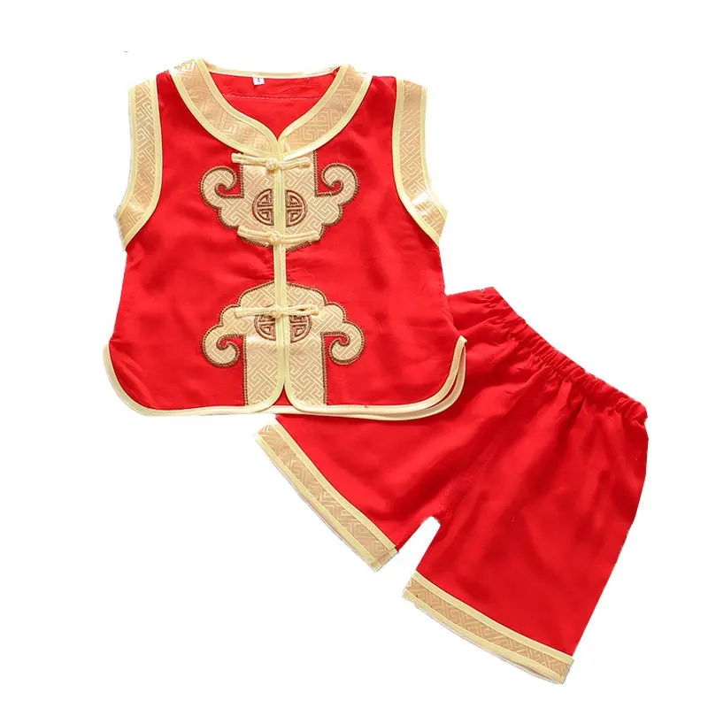 Chinese Red Cotton Tang suit For Kids summer Sleeveless prom dress fortune party dress for Baby Wears