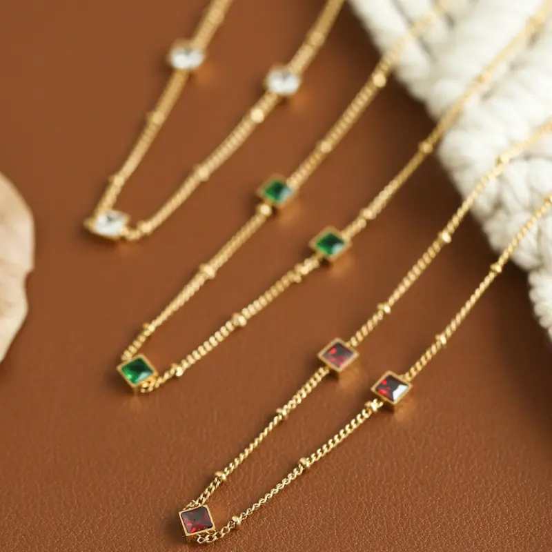 Elegant Thin Chain Square Gemstone Necklace Charms GT Hot Selling Not Fade Real 14k Gold Plated Stainless Steel Necklace