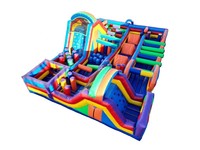 Parcours d'obstacles gonflable commercial de grande taille sur le thème de la jungle, en PVC multicolore, jeu de défi pour enfants, idéal pour événements extérieurs et location en parc.
