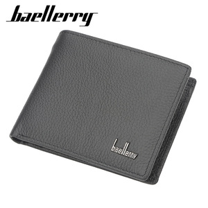 Baellerry <b>Men's</b> Short <b>Wallet</b> Genuine Leather Multi-Card Slot <b>Black</b> Solid Color Lychee Pattern Business Style - Product Image 1